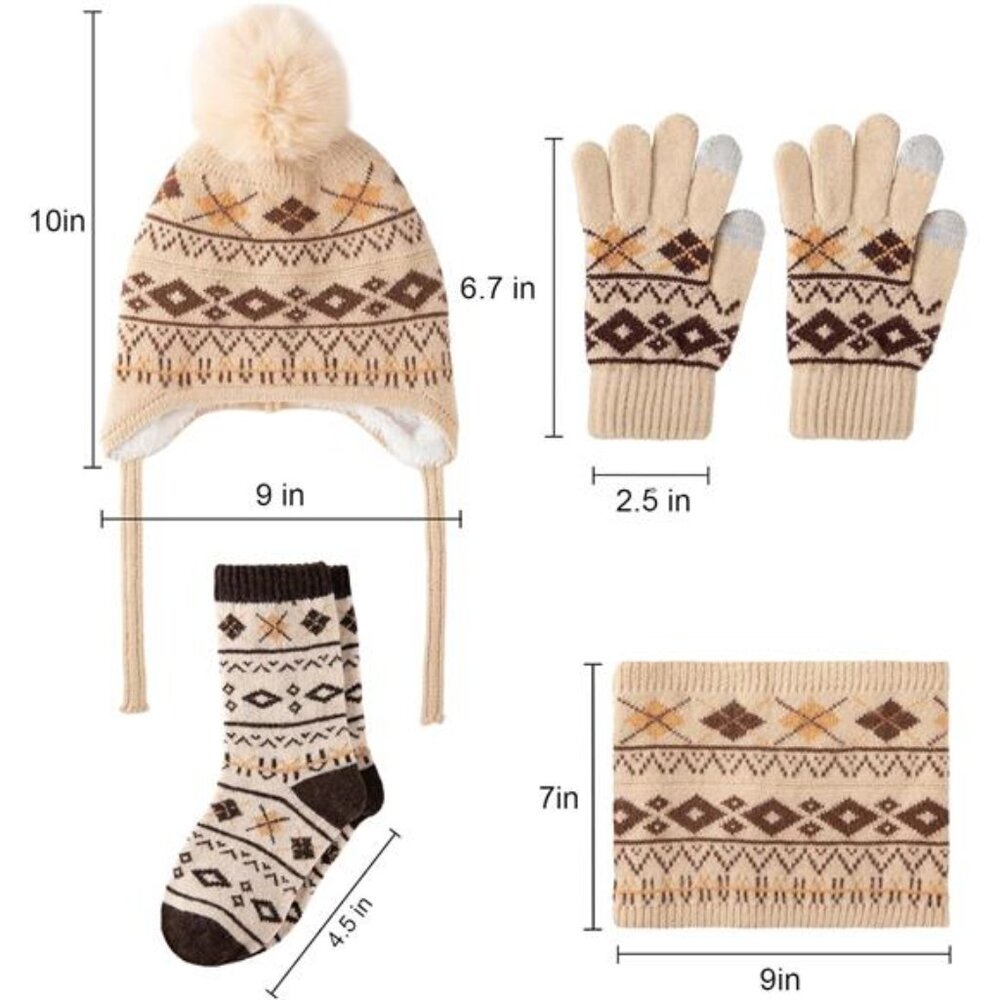 4 Pcs Kids Winter Beanie Hat Gloves Scarf Sock Set - Picture 2 of 7